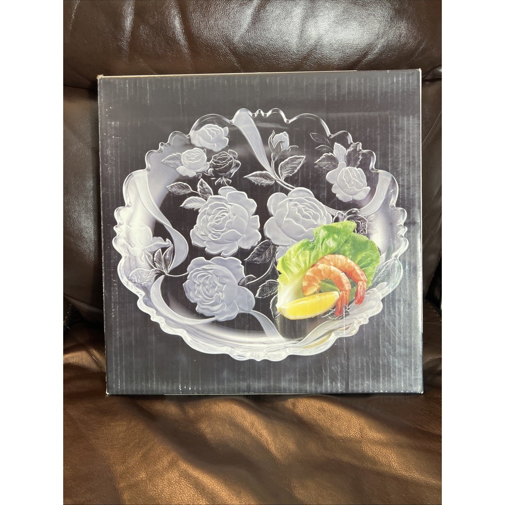 Rosette Clear & Frosted Rose Garden 14"Platter Made In Japan Original Box
